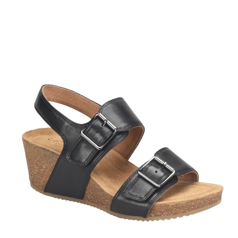 Comfortiva Erlina Wedge Sandals - Leather Upper Black Size 8